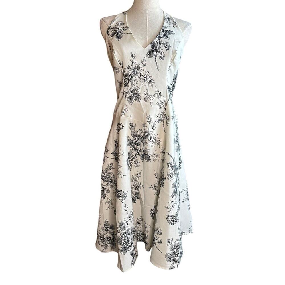 Y2K B Smart Black White Floral Print Halter Sundress V Neck Full Skirt Size 7/8